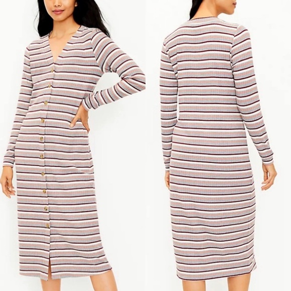 Loft Stripe Ribbed Button Down Long Sleeve Duster Cardigan Dress Size XXS - Picture 4 of 16
